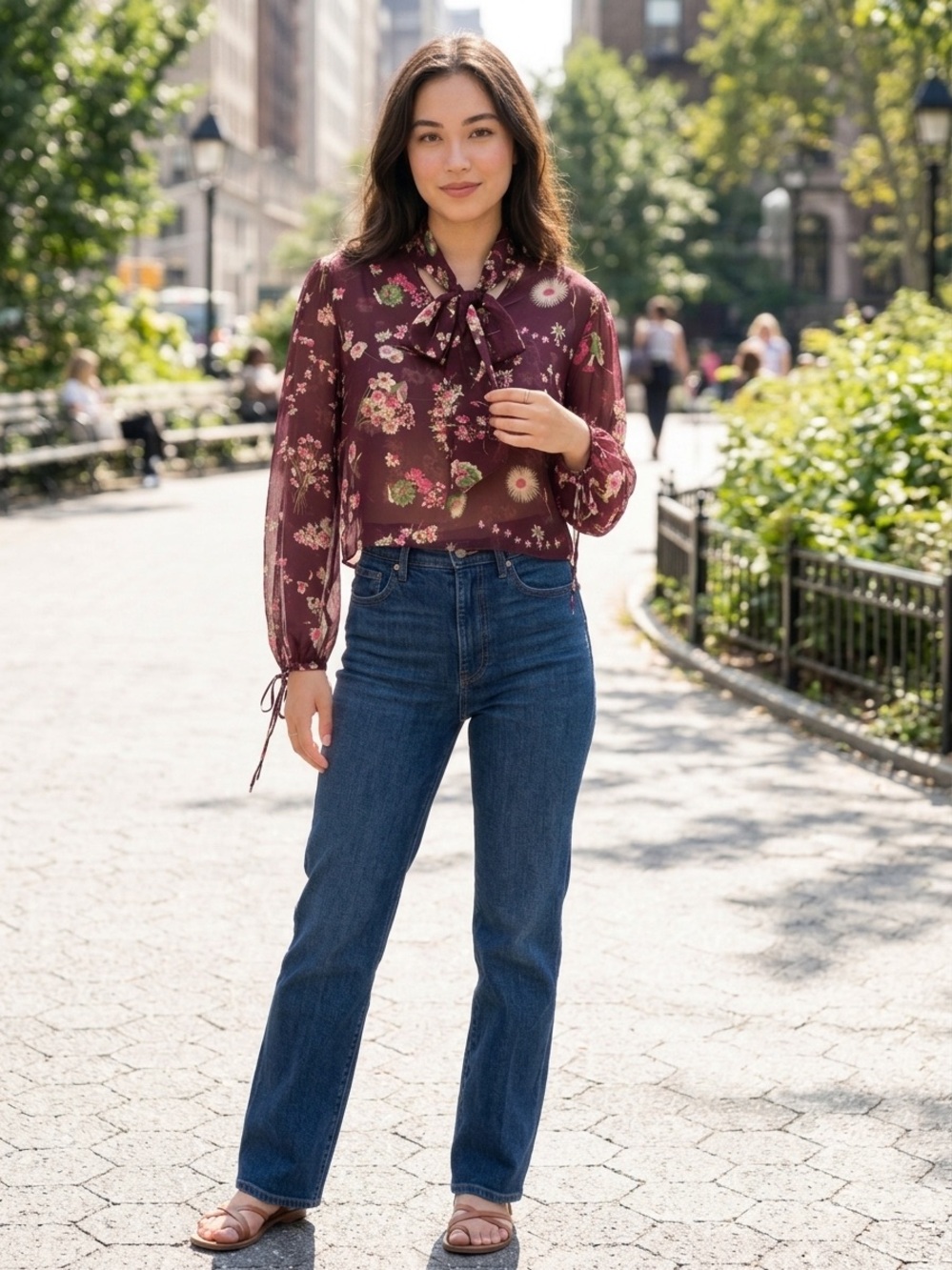 Jill Stuart Maroon Floral Sheer Bow Neck Crop Blouse US Size Small